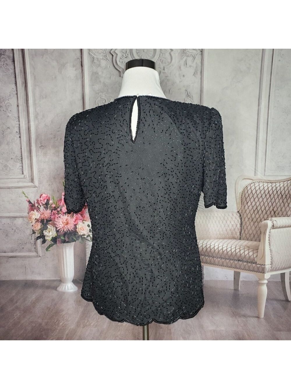 LAWRENCE Kazar 100% Pure Silk Black Lined Sequins Beads Party Blouse Size Medium - Picture 7 of 9